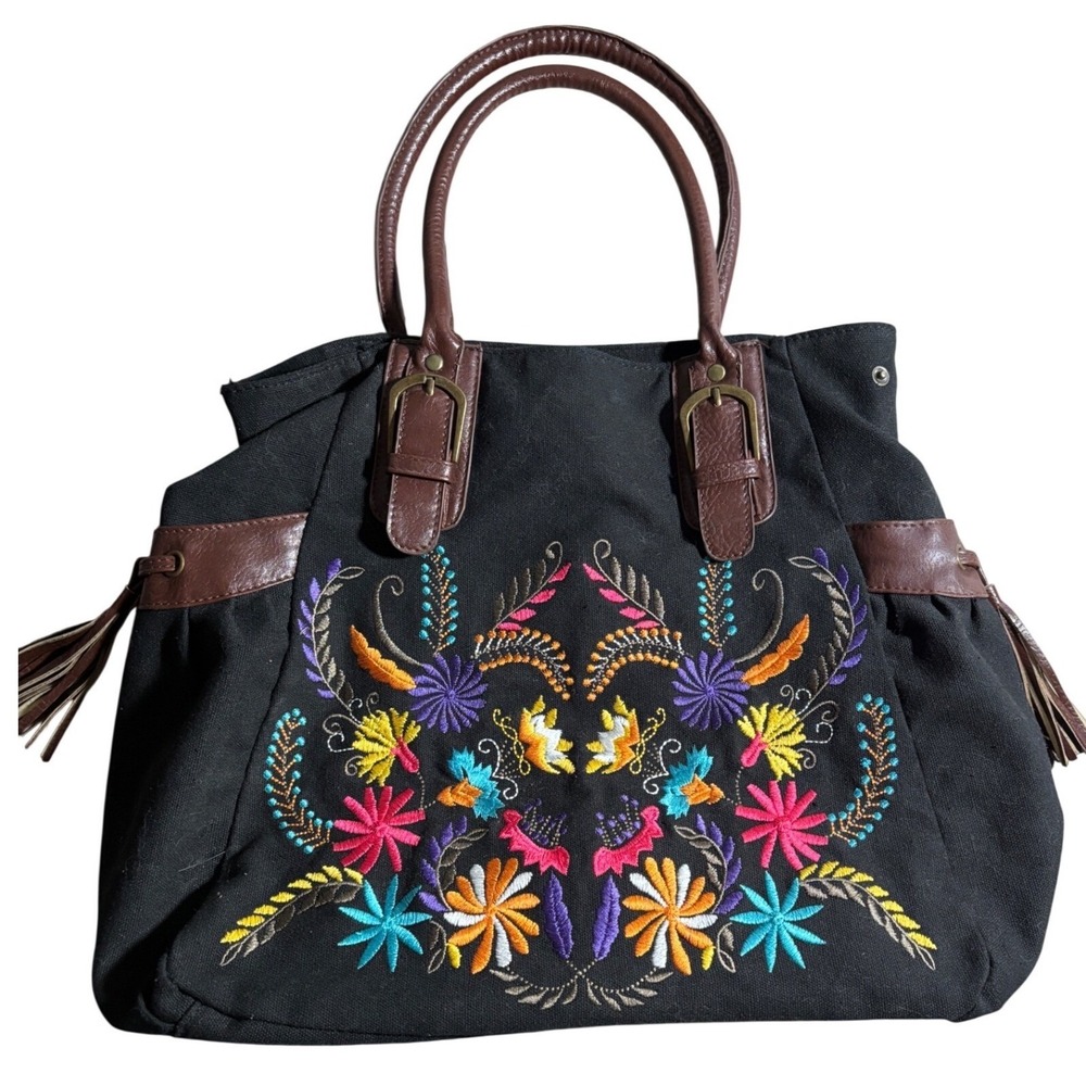 Boho Floral Embroidered Black Canvas Tote Bag Tassel Accents Brown Trim Shoulder